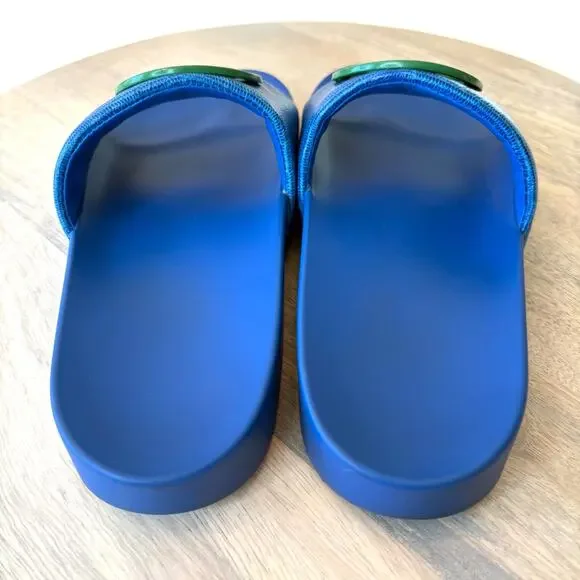 Tory Burch Lina Slide Sandals - Blue Textured with Green Logo - Size 5M US 5